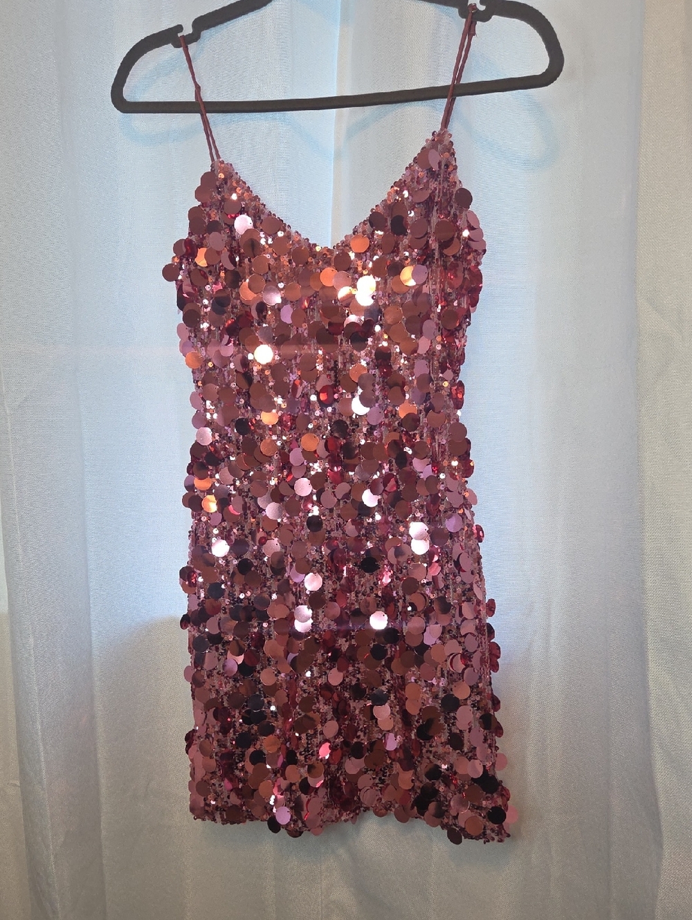 Meshki Rose Pink Sequin Mini Dress with Spaghetti Straps XS